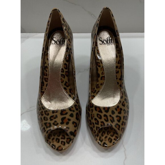 NWOT Sofft Patent Leather Animal Print Wood Heel Peep Toe High Heels Size 10 - Picture 1 of 8